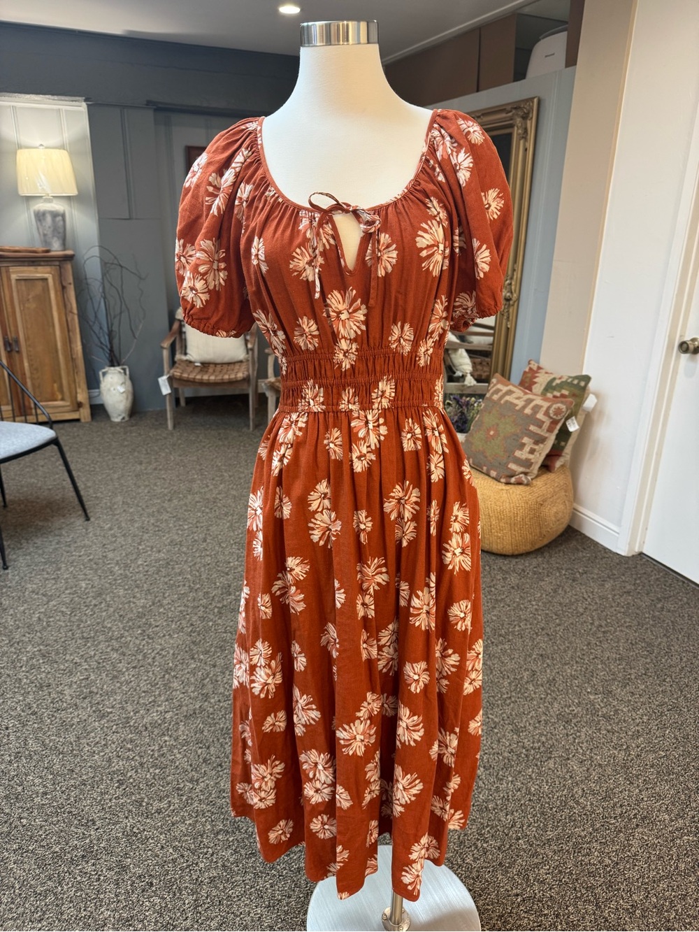 Madewell Rust Floral Midi Dress with Puff Sleeves